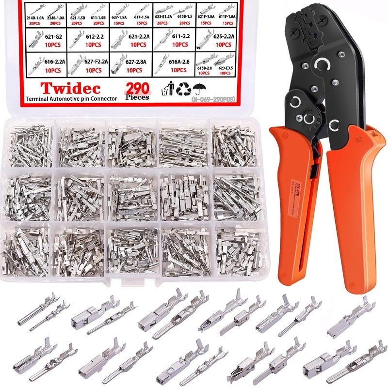 Twidec /290PCS Car Electrical Wire Terminal Pins Connector 1/1.5/1.8/2.2/2.8/3.5mm 21Type Auto Electric Connector Pins Terminal Non-Insulated Plug Removal Male Female Crimp Pins with Crimping Pliers - Image 1